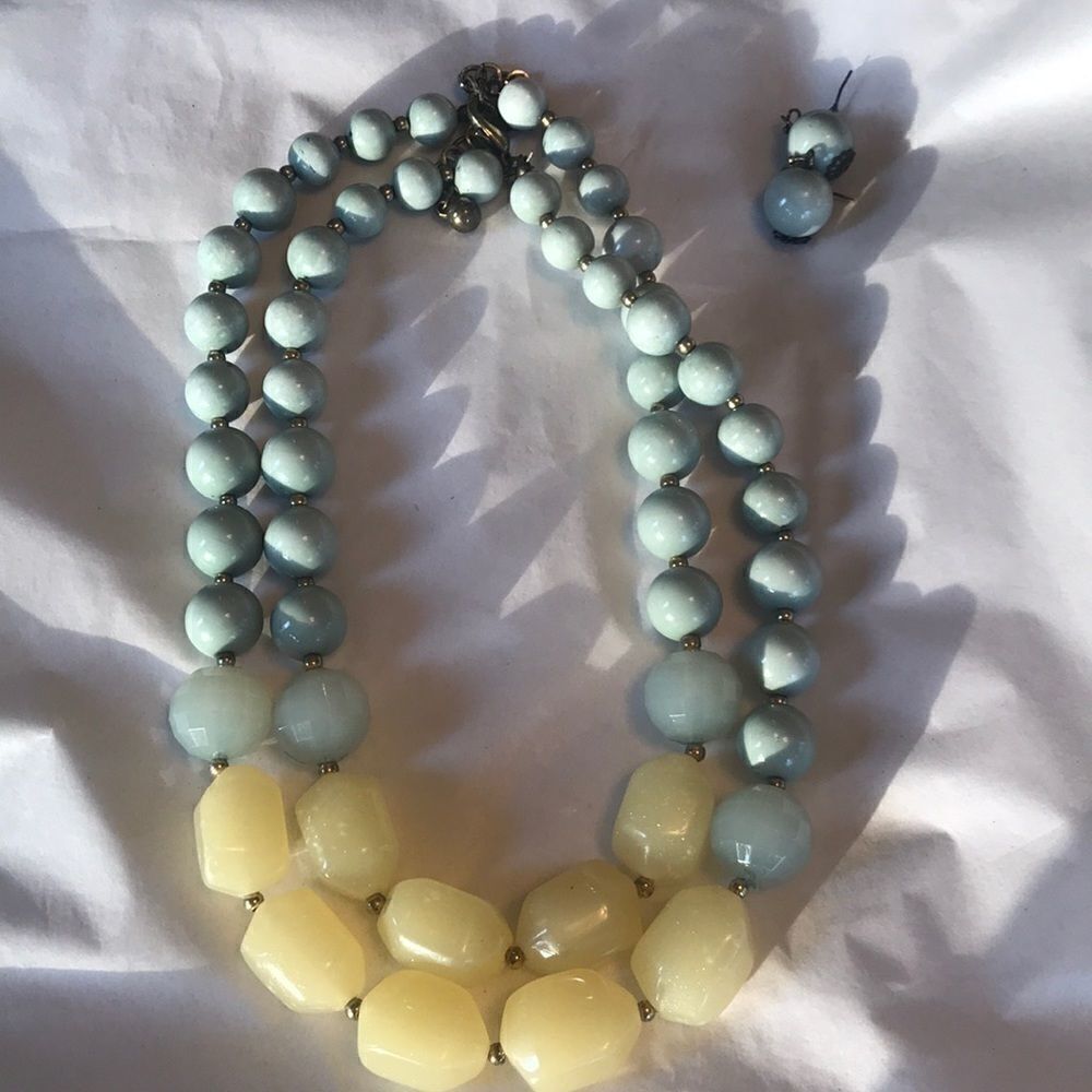 Yellow and Light Blue Beaded Necklace & Earrings!!